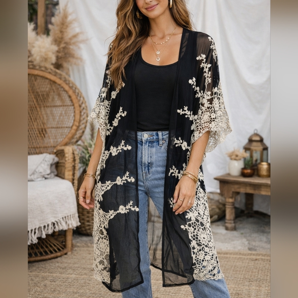 Black Mesh and White Floral Lace Knit Embroidered Floral Kimono Cover OS